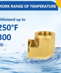 5 Pack Brass Pipe Fittings 90 Degree Street Elbow 3/4 Inch Female NPT X 3/4 Inch Female NPT Elbow Set showing temperature and PSI rating