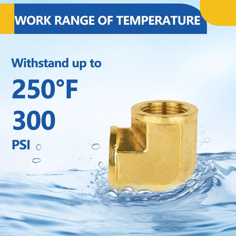 5 Pack Brass Pipe Fittings 90 Degree Street Elbow 3/4 Inch Female NPT X 3/4 Inch Female NPT Elbow Set showing temperature and PSI rating
