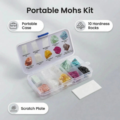 Mohs Hardness Test Kit With Ten Rocks And Unglazed Porcelain Streak Plate For Easy Mineral Testing And Rock Identification Complete Geology Kit For Students And Hobbyists, open case