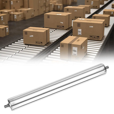 Stainless Steel Conveyor Roller 2 Inch Diameter By 16 Inch Length With Galvanized End Caps For Conveyor Belts Tables And Machines Rust Resistant Waterproof Smooth And Beefy Durable Replacement Roller used on conveyor system in industrial setting with boxes.