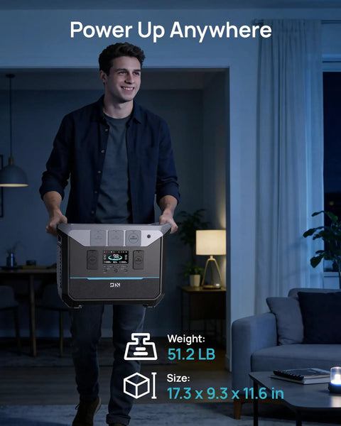 Man carrying Go To 1800W Portable Solar Generator with 1382Wh LiFePO4 Battery, 3000W Surge, in a living room setting