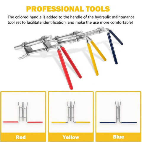 Three Pack Hydraulic Seal Installation Tools Kit For Cylinder Piston Repair And U-Cup Rod Seals Pro Grade Upgraded Seal Twistor Install Tool Set With Three Sizes For Quick Easy In-Cylinder Install showing red, yellow, and blue handles