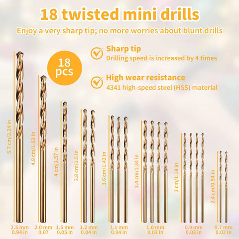 18 piece micro drill bits 0.6Mm to 2.5Mm Badass Ergonomic Pin Vise Hand Drill Kit, HSS material, for precise jewelry and model crafting.