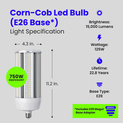 Mega Bright 125W LED Corn Cob Bulb With 15000 Lumens 5000K Daylight 750W Replacement Mogul Base Adapter Included