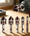 Five Piece Heavy Duty Countersink Drill Bit Set With Quick Change Hex Shank For Knockout Flat Head Screw Recesses And Badass Smooth Chamfer Finishes, various sizes 1/4 to 3/4 inches on wooden surface.