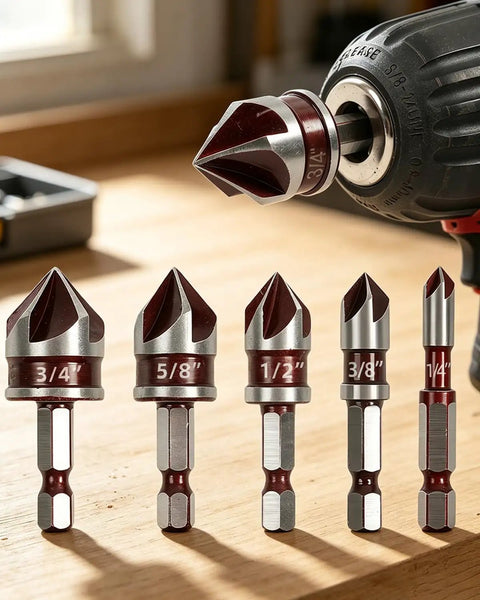Five Piece Heavy Duty Countersink Drill Bit Set With Quick Change Hex Shank For Knockout Flat Head Screw Recesses And Badass Smooth Chamfer Finishes, various sizes 1/4 to 3/4 inches on wooden surface.