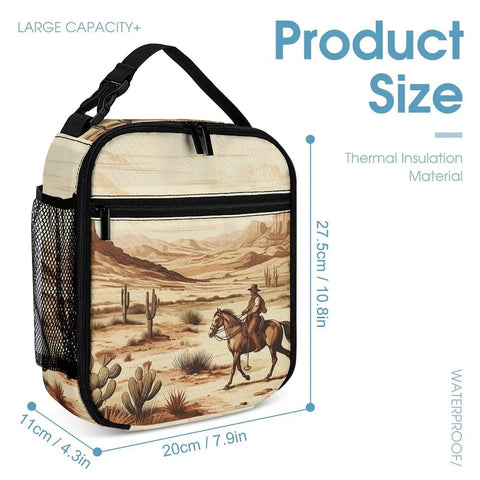 Insulated Lunch Box For Men And Women With West Desert Cactus And Cowboys Riding Horses Design Reusable Lunch Tote Bag