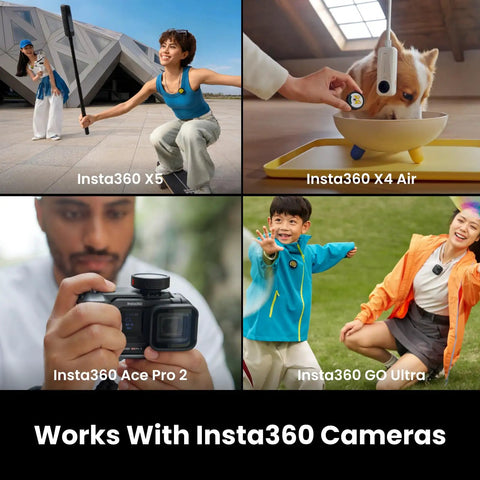 Collage showcasing various Insta360 cameras in use with the Wireless Lavalier Microphone With Customizable E Ink Display, 3 Mic Array For Directional Pickup, Bluetooth, 32 Bit Float Internal Recording, Works With iPhone Android And Cameras, Perfect For Video Recording And Vlogging.