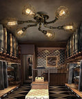 Six Light Vintage Industrial Cage Pendant Ceiling Light Flush Mount Edison Style Retro Iron Metal Lamp in a stylish room.
