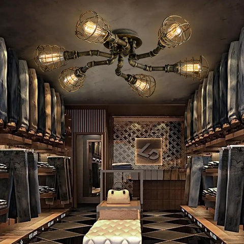 Six Light Vintage Industrial Cage Pendant Ceiling Light Flush Mount Edison Style Retro Iron Metal Lamp in a stylish room.