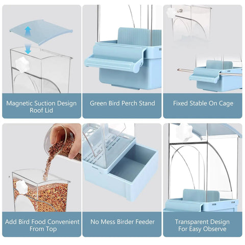 No Sweat Hassle Free Automatic Bird Feeder With Green Comfort Perch For Cage. Features magnetic lid, clear hopper, and easy food access.