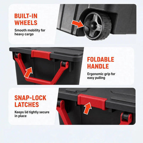 Two Pack 160 Quart Black Stackable Rolling Storage Bins with Heavy Duty Red Latches features built-in wheels, foldable handles, and snap-lock latches.