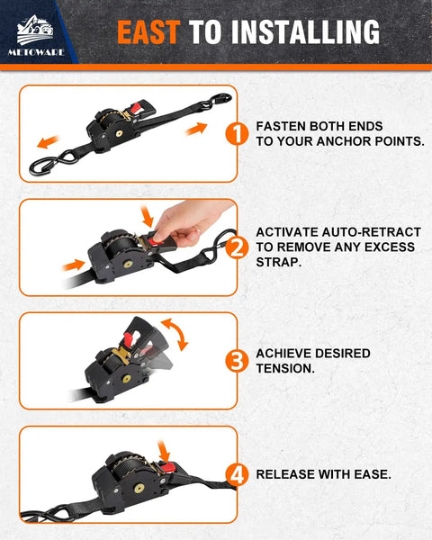 Step-by-step guide on using Heavy Duty Retractable Ratchet Straps 4 Pack One Inch By Ten Feet Black Cargo Tie Downs.