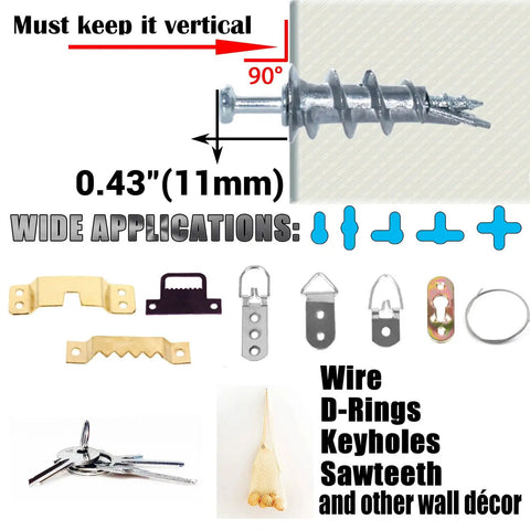 Bear Claw Double Headed Screws and Self Drilling Drywall Anchors Picture Hangers Kit with vertical installation guide