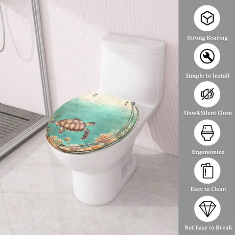 Round Resin Toilet Seat for Bathroom with turtle design, 14.5" x 16.5", installed on modern toilet.