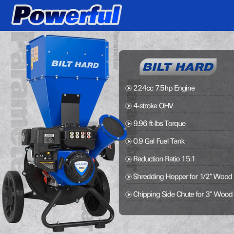 Gas Powered Wood Chipper Shredder Beast 7.5 HP 224cc Dual Function 2 In 1 Heavy Duty Mulcher, side view with features labeled