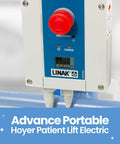 Electric Portable Patient Lift With Folding Design control panel with emergency button and charging indicator, 70 lb frame, 340 lb capacity.