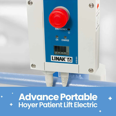 Electric Portable Patient Lift With Folding Design control panel with emergency button and charging indicator, 70 lb frame, 340 lb capacity.