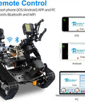 WiFi Robot Kit With Raspberry Pi 5 For Adults And Teens, 4DOF Robotic Arm On Tank Chassis Car and controls on devices.