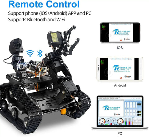WiFi Robot Kit With Raspberry Pi 5 For Adults And Teens, 4DOF Robotic Arm On Tank Chassis Car and controls on devices.