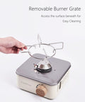 Kickin Mini Butane Camping Stove With 8205 BTU Output, portable indoor outdoor cooking, showing removable burner grate, white