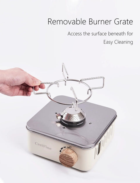 Kickin Mini Butane Camping Stove With 8205 BTU Output, portable indoor outdoor cooking, showing removable burner grate, white