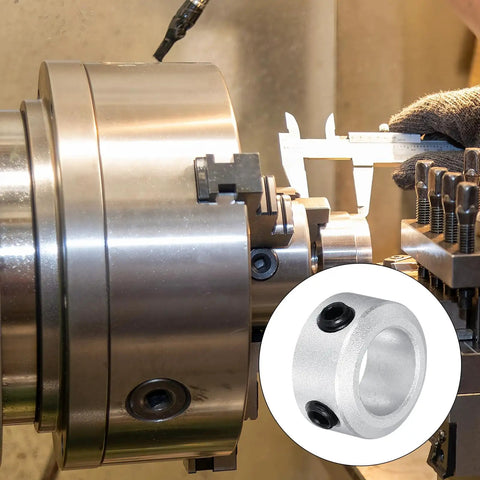 Shaft Collar 10mm And 3/8 Inch Bore Aluminum Set Screw Style Clamping Collar Silver Finish Two Pack on machine tool.