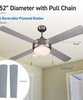 52 Inch Ceiling Fan With Lights For Big Rooms, Modern Silver 4 Plywood Blade Ceiling Fan, Dual Chain, 3 Speeds High Medium Low