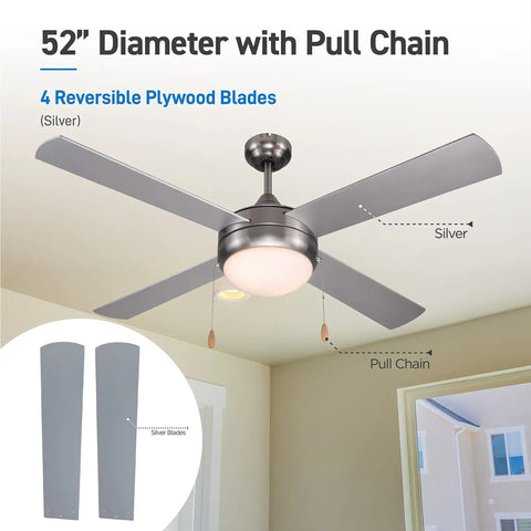 52 Inch Ceiling Fan With Lights For Big Rooms, Modern Silver 4 Plywood Blade Ceiling Fan, Dual Chain, 3 Speeds High Medium Low