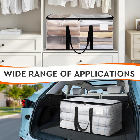 Clear Heavy Duty Moving Bags 4 Pack With Zipper, Extra Reinforced Handles, 93L in closet and car trunk for storage