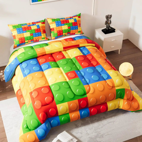 Building Blocks Comforter Set Twin Size With Two Pillow Shams, Vibrant 3D Pattern Microfiber Bedding For Kids Teens Adults, Easy Care Decorative Bedding Set For Bedroom And Cozy Spaces on twin bed