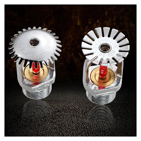 Five Piece Set Heavy Duty Downward Fire Sprinkler Heads Offering Automatic Spray Action For Quick Sixty Eight Degree Activation And No Fuss Plug And Play Commercial Or Residential Upgrades close-up showing two chrome sprinkler heads.
