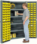 Dope Heavy Duty Deep Door Bin Cabinet With 96 Bright Yellow Plastic Parts Organizers And Adjustable Shelves For Smooth Garage Storage Setup Secure Lock Ready with a man organizing bins.
