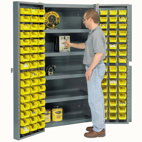 Dope Heavy Duty Deep Door Bin Cabinet With 96 Bright Yellow Plastic Parts Organizers And Adjustable Shelves For Smooth Garage Storage Setup Secure Lock Ready with a man organizing bins.