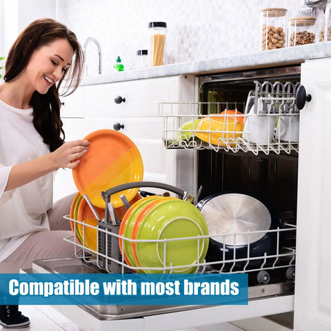 Top Shelf 2 Pack Dishwasher Mounting Brackets With Complete Screw Kit For Samsung Models Smooth Under Counter Setup No Sweat Install Heavy Duty Kitchen Fix with colorful dishes in dishwasher.