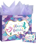 13 Inch Mermaid Birthday Gift Bag with handle for kids party, purple gift bag with tissue paper and card included, mermaid theme wrapping bag