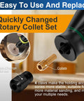 Close-up of Brass Rotary Tool Collet Set With 1mm 1.6mm 2.4mm 3.2mm Sizes 2 Pack showing easy installation and removal process.