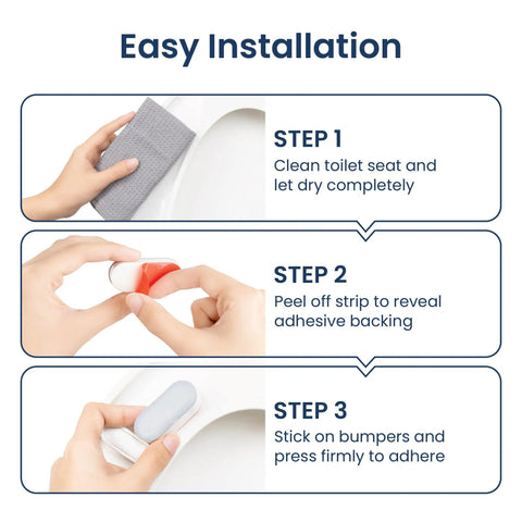 Easy installation steps for Universal Non Slip Toilet Seat Bumpers 4 Piece Set With Strong Adhesive, durable pad material.