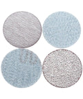 High Grade 100 Pcs 4 Inch Hook And Loop White Sandpaper For Dry Grinding And Polishing With Cool Dust Venting Holes And Peel-And-Switch Backing To Swap Fast No Tools Needed, showing four circular sandpaper discs.
