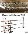 Three Rod Wall Mount Fishing Rod Holders For Garage And Wall Storage Organizer Gear Equipment Keeps Rods From Slipping And Clutter Free Easy To Install For Home Shed Or Boat Man Cave Ready installed on wall and ceiling.