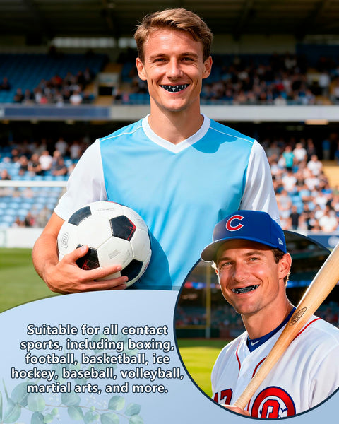 Athletes wearing Faith Cross Mouth Guard Set With Case Four Mouth Guards for all contact sports, holding soccer ball and baseball bat.
