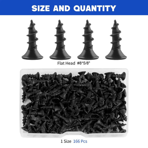 Number 8 x 5/8 Inch Flat Head Wood Screws With Black Oxide Finish And Self Tapping Design For Smooth Sailing And No Nonsense Fastening In Softwood, displaying 166 pieces with sample screws.