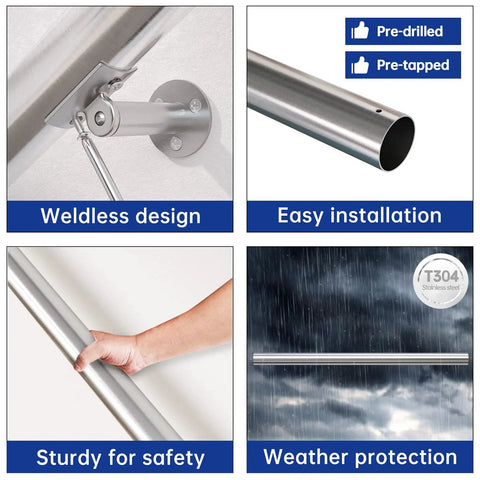 Heavy Duty Stainless Steel Pipe Handrail Five Foot Long Two Inch Outside Diameter with pre-drilled mounting holes shown.