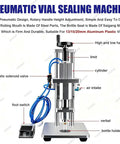 High Speed Pneumatic Vial Sealing Machine For Aluminum Glass Bottles with foot pedal and adjustable features for 13mm 15mm 20mm sizes.