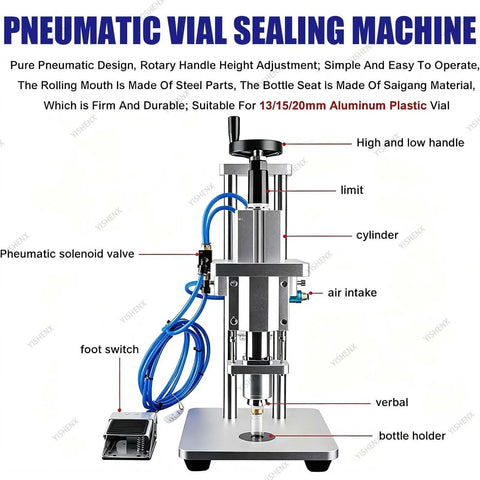 High Speed Pneumatic Vial Sealing Machine For Aluminum Glass Bottles with foot pedal and adjustable features for 13mm 15mm 20mm sizes.