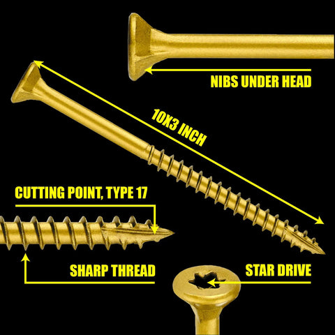 Hella Durable Wood Screws 10 X 3 Inch Self Drilling Deck Fasteners 200 Pack Rust Resistant with Type 17 cutting point.