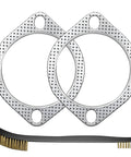 Front view: exhaust flange gaskets, graphite, 3.5in, 2 pcs with fire rings and bolt holes; cleaning brush.
