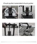 Professional 9 Piece Bearing Separator Puller Set Removal Tool Kit Features Blade Edge Design That Fits Tight Spots Separating Rings Quickly To Prevent Damage During Installation close-up steel chuck puller in use