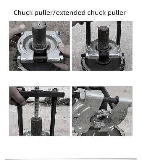 Professional 9 Piece Bearing Separator Puller Set Removal Tool Kit Features Blade Edge Design That Fits Tight Spots Separating Rings Quickly To Prevent Damage During Installation close-up steel chuck puller in use