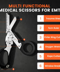 Six In One Folding Trauma Shears For EMTs And First Responders Pocket Size Rescue Scissors With Seatbelt Cutter Oxygen Wrench Window Breaker Tweezers And Ring Cutter Rustproof Stainless Steel Black, open
